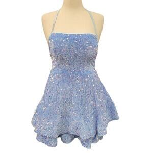 NWT Icy Blue Halter Scoop Neck Sequin Short Dress